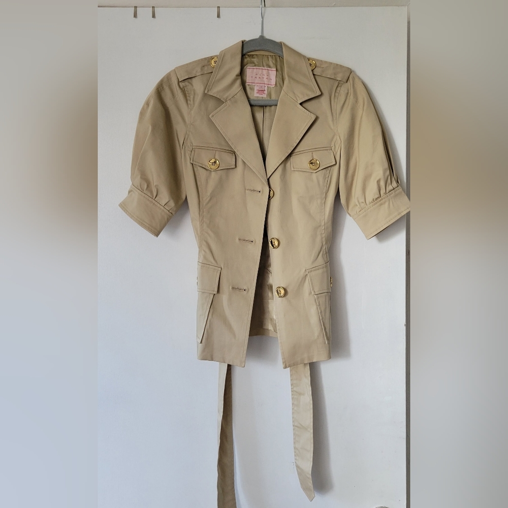 Cream Tartan Trench Style Short Jacket Size 2 Khaki
